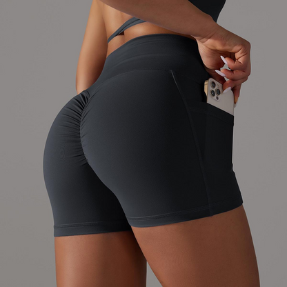 Custom Cross-waist shorts skin-friendly nude fitness pants pocket high waist peach hip three-quarter tight yoga pants