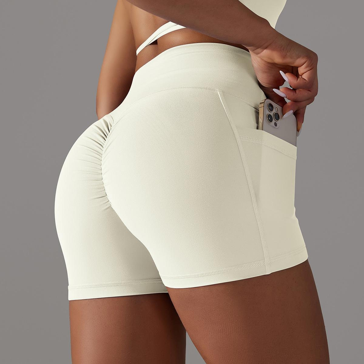 Custom Cross-waist shorts skin-friendly nude fitness pants pocket high waist peach hip three-quarter tight yoga pants