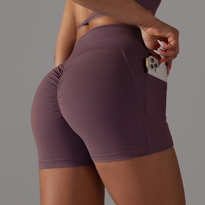 Custom Cross-waist shorts skin-friendly nude fitness pants pocket high waist peach hip three-quarter tight yoga pants