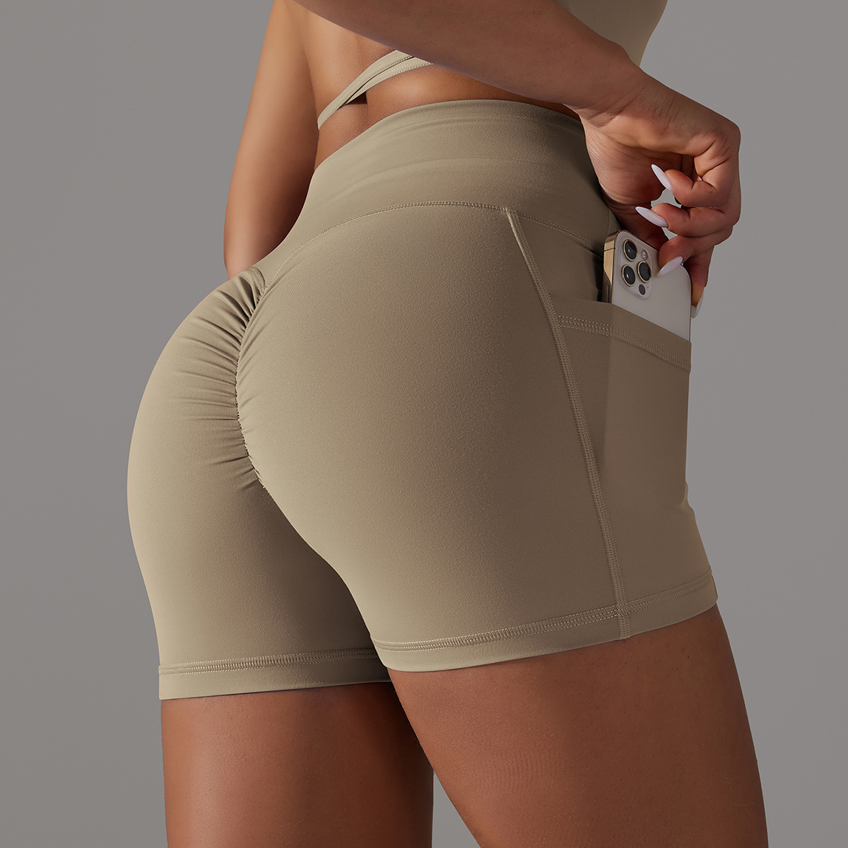 Custom Cross-waist shorts skin-friendly nude fitness pants pocket high waist peach hip three-quarter tight yoga pants